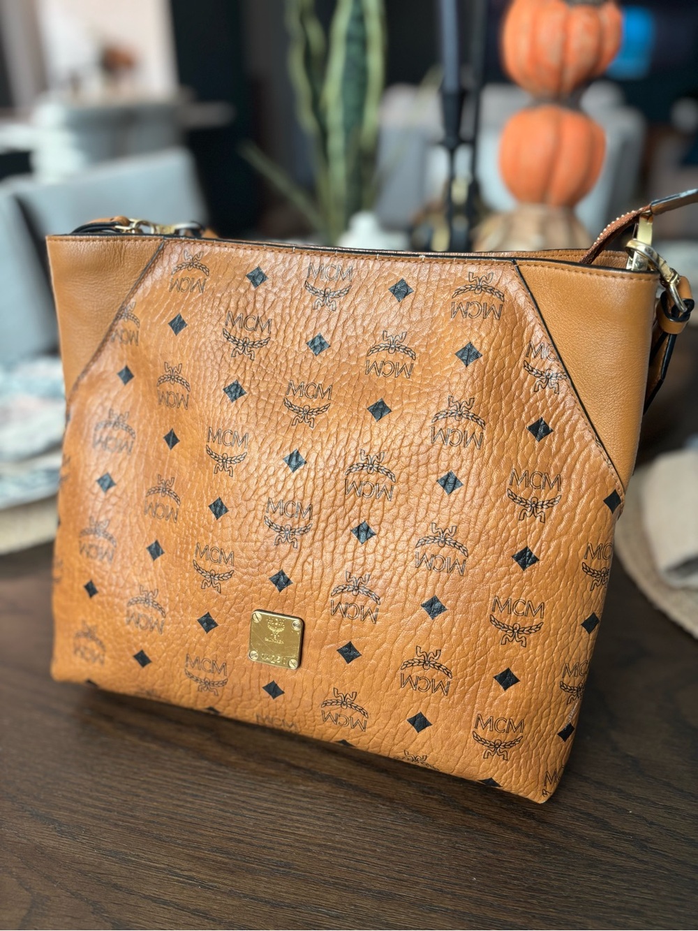 MCM Tan Visetos Logo Shoulder Bag with Gold Hardware